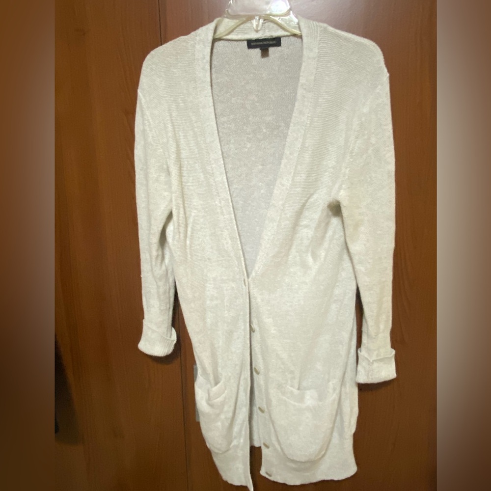 Banana Republic Women’s Grey Knit Linen Long relaxed Cardigan Boho Sweater Small